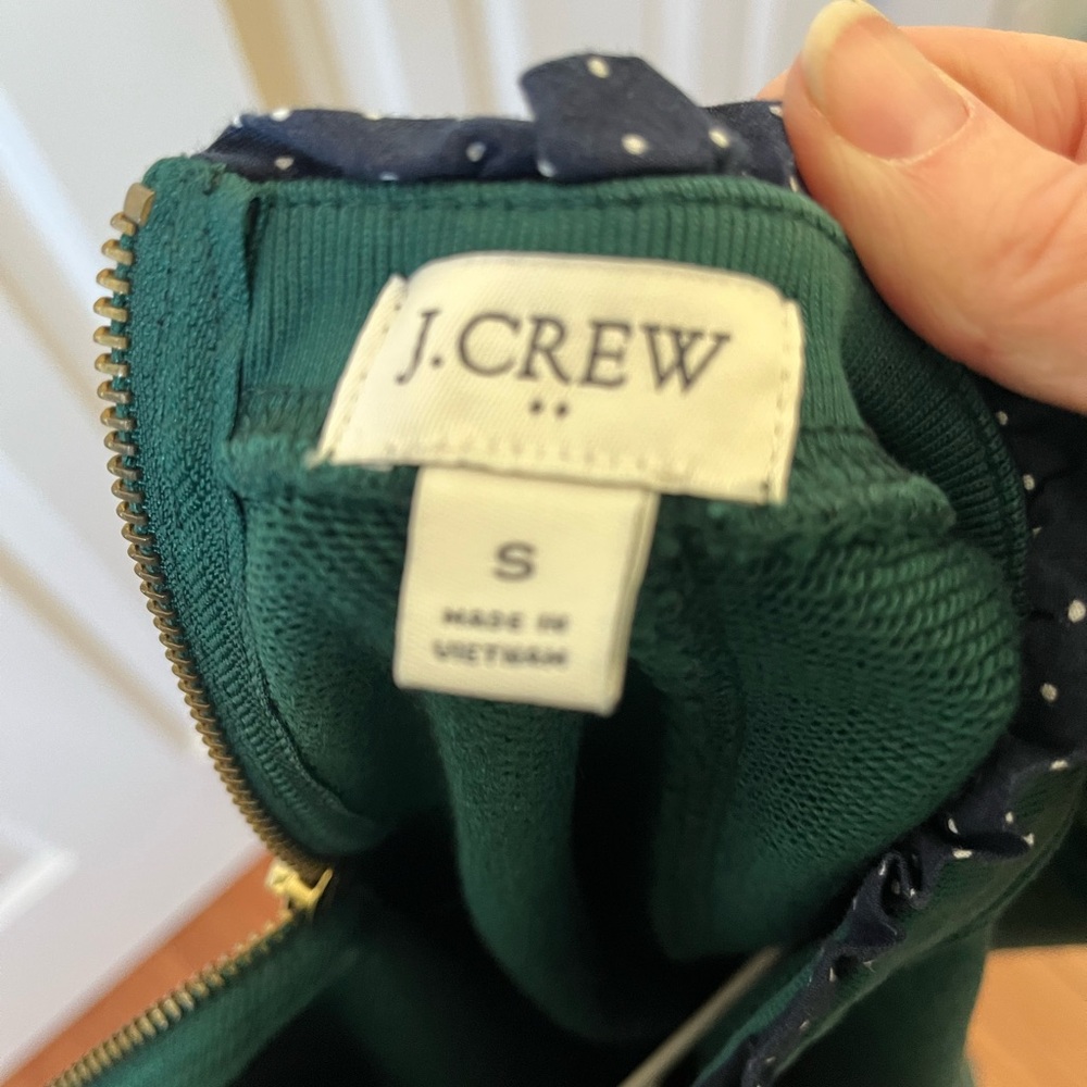 J. Crew Hunter green size S sweatshirt with navy/white polkadot trim - Picture 9 of 9